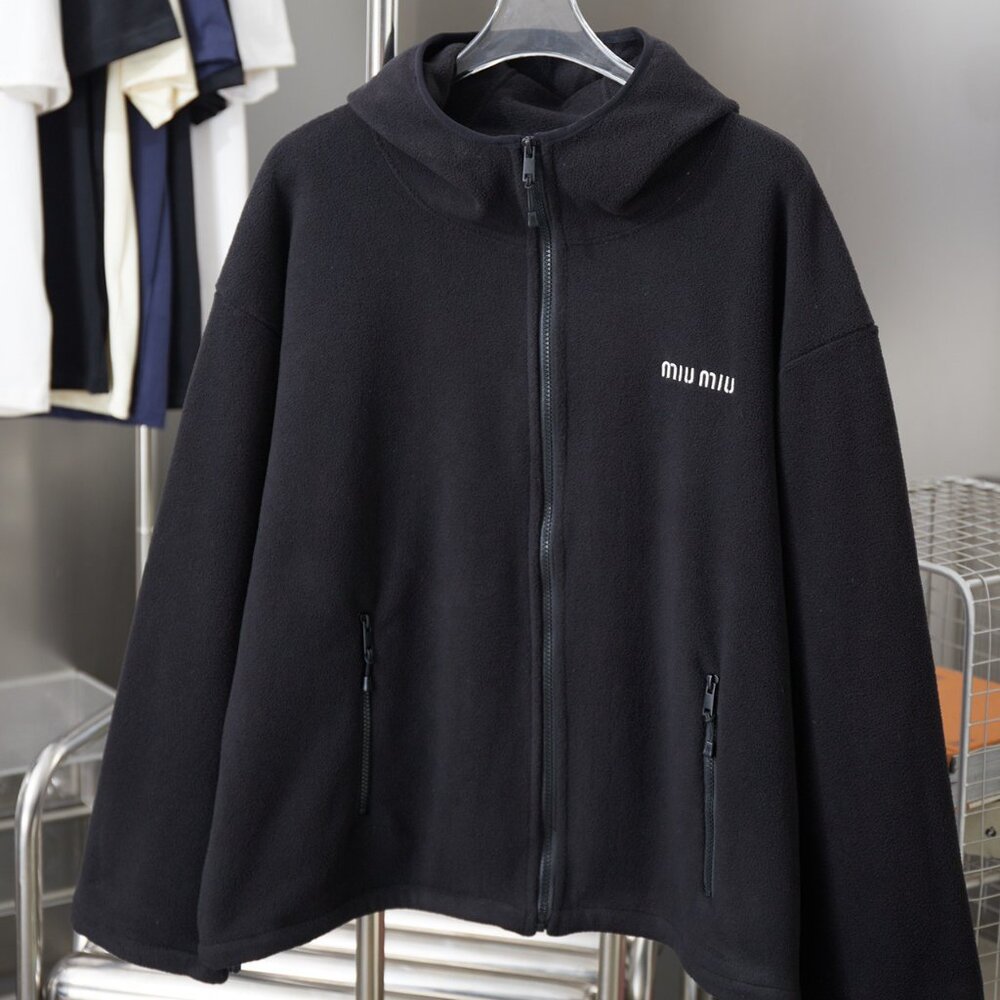 MIUMIU FW25 Valentine's Day Collection Solid Color Fleece Hooded Zip-Up Sweatshi